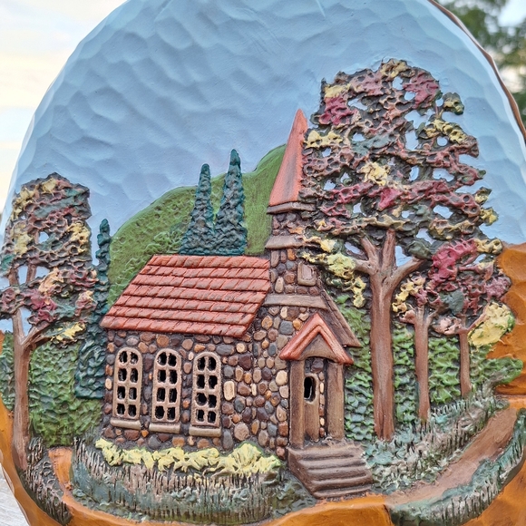 Gorgeous Hand Painted 15" Ceramic Pumpkin Fall Autumn Scene Cobblestone Church - Picture 2 of 9